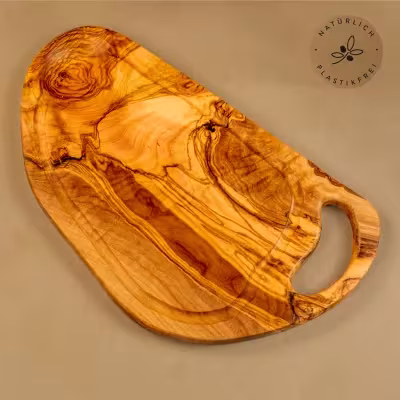 Steakbrett aus Olivenholz | Naturschnitt mit Saftrille & Henkel 