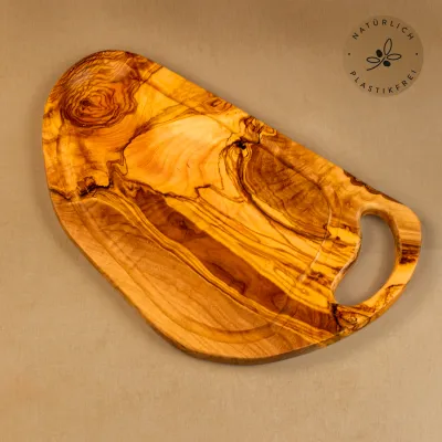 Steakbrett aus Olivenholz | Naturschnitt mit Saftrille & Henkel 