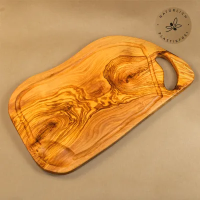 Steakbrett aus Olivenholz | Naturschnitt mit Saftrille & Henkel 