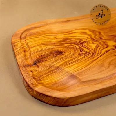 Steakbrett aus Olivenholz | Naturschnitt mit Saftrille & Henkel 