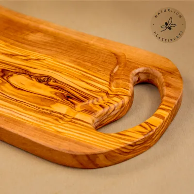 Steakbrett aus Olivenholz | Naturschnitt mit Saftrille & Henkel 