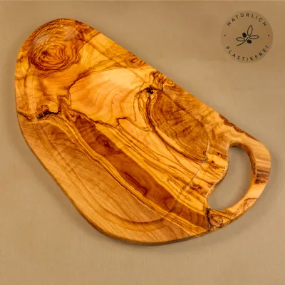 Steakbrett aus Olivenholz | Naturschnitt mit Saftrille & Henkel 