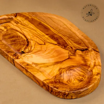 Steakbrett aus Olivenholz | Naturschnitt mit Saftrille & Henkel 