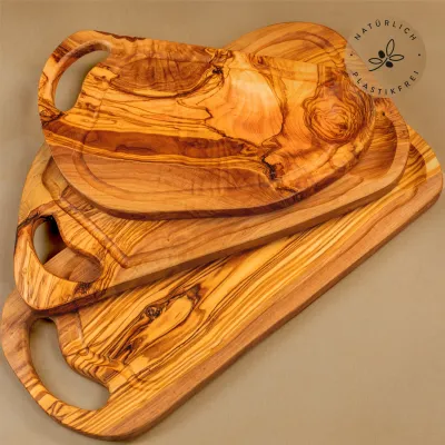 Steakbrett aus Olivenholz | Naturschnitt mit Saftrille & Henkel 