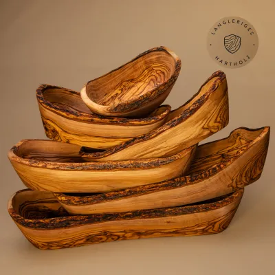 5er Set Baguetteschalen aus Olivenholz mit Naturrand | rustikal authentisch