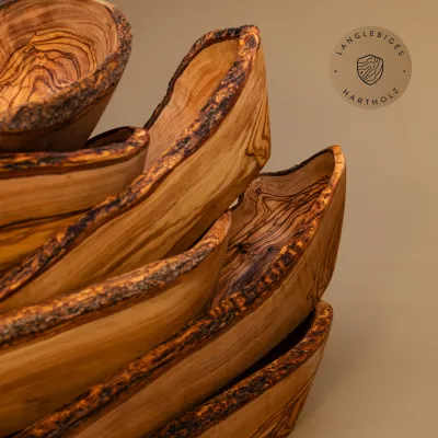 5er Set Baguetteschalen aus Olivenholz mit Naturrand | rustikal authentisch