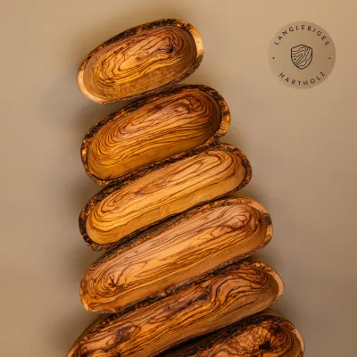 5er Set Baguetteschalen aus Olivenholz mit Naturrand | rustikal authentisch