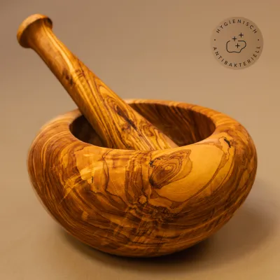 Mörser & Stößel aus Olivenholz mit rundem Rand | modernes Design