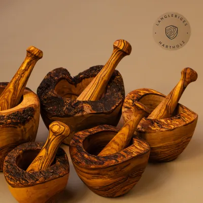 Mörser & Stößel aus Olivenholz | rustikale Naturoptik | handgemacht