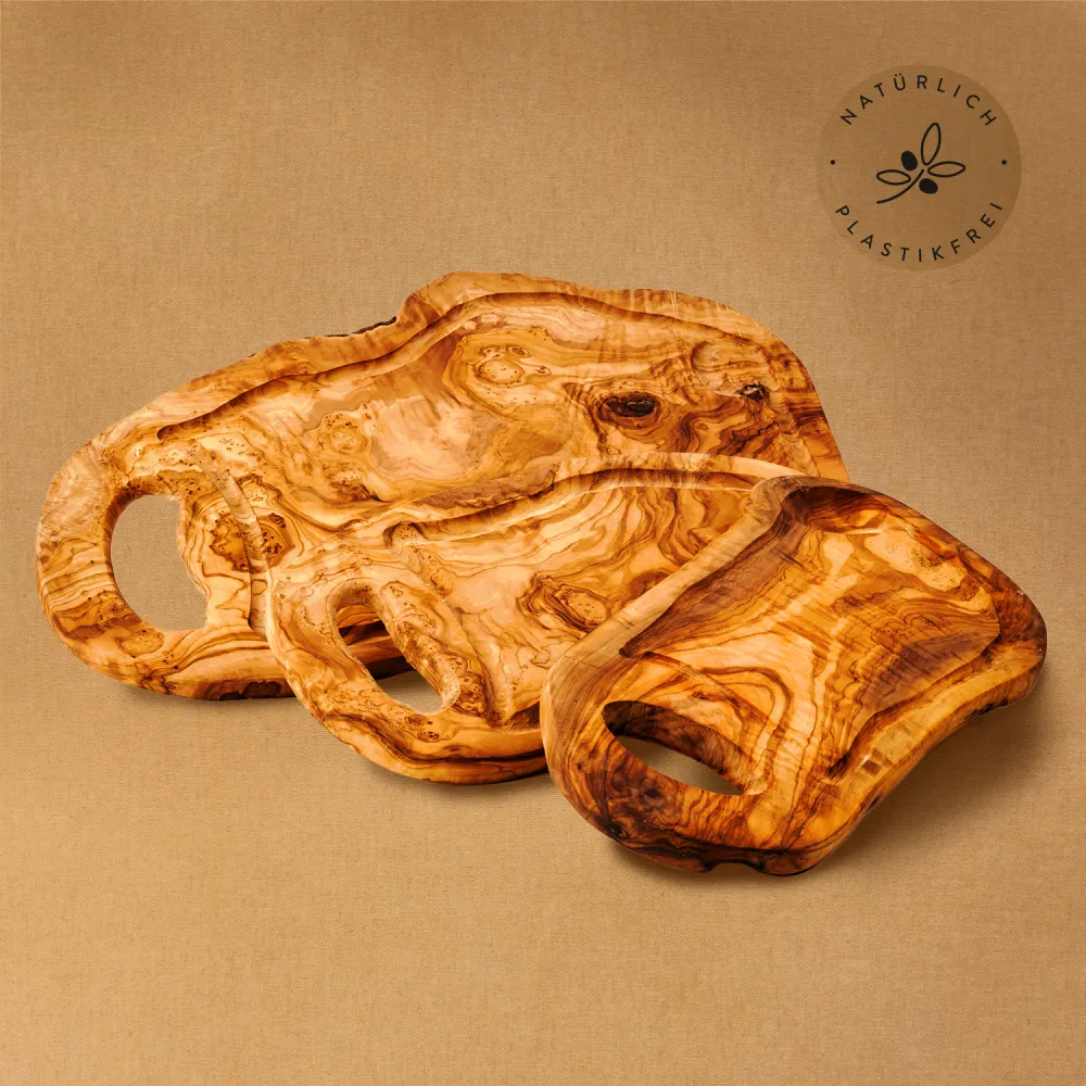 3er-Set Schneidebretter Olivenholz mit Saftrille & Henkel | rustikal