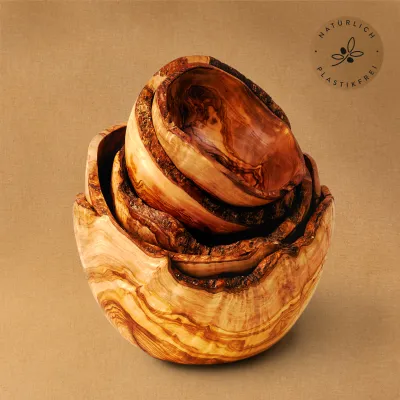 5er Set Olivenholz Müslischalen mit Naturrand | 10 - 18 cm