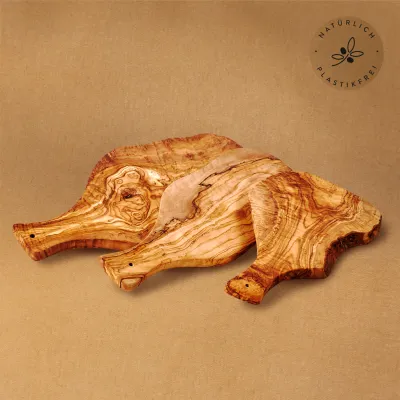 3er-Set Servierbretter Olivenholz mit Griff | rustikale Naturform