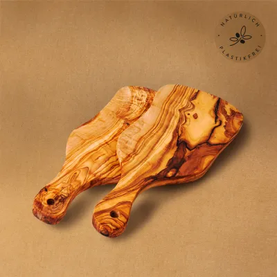 2er-Set Olivenholzbretter Naturschnitt mit Griff | länglich & rustikal