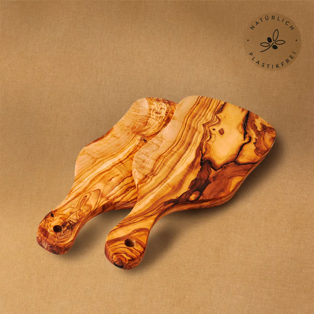 2er-Set Olivenholzbretter Naturschnitt mit Griff | länglich & rustikal