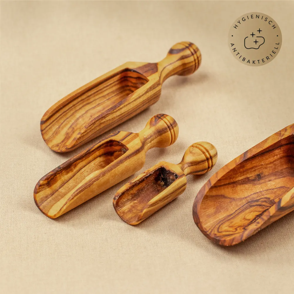 4er-Set Gewürzschaufeln aus Olivenholz – verschiedene Größen | naturbelassen & handgefertigt
