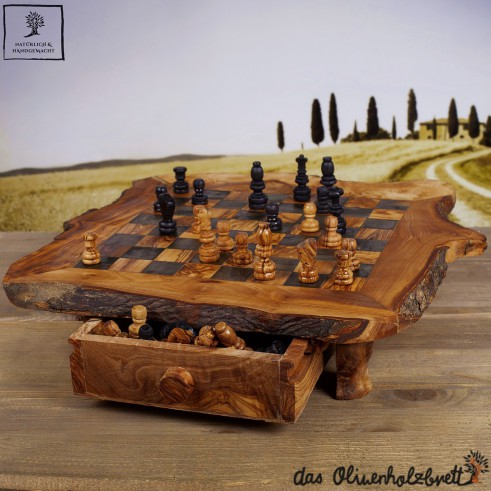 olive wood chess board with drawer