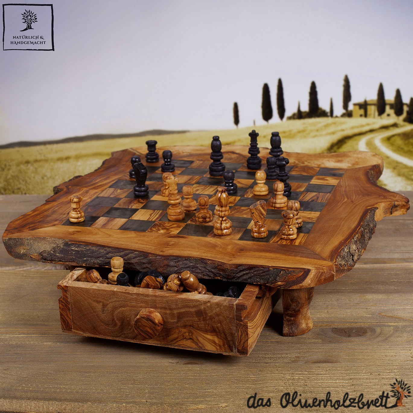 Modern chess game with olive wood storage drawers 8101-1