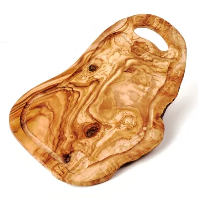 Steakbrett aus Olivenholz | Naturschnitt mit Saftrille & Henkel 