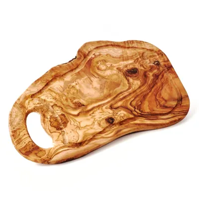 Steakbrett aus Olivenholz | Naturschnitt mit Saftrille & Henkel 