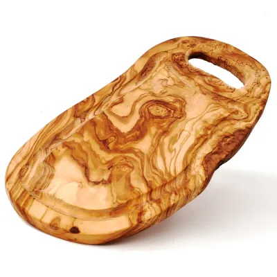 Steakbrett aus Olivenholz | Naturschnitt mit Saftrille & Henkel 