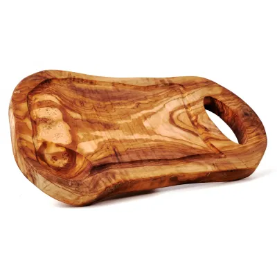 Steakbrett aus Olivenholz | Naturschnitt mit Saftrille & Henkel 